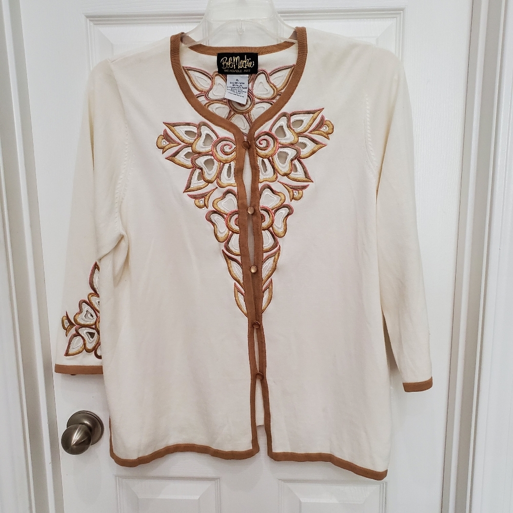 Bob Mackie Beige Button Up Embroidered Cardigan Sweater Women Sz XL